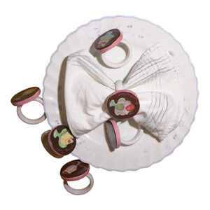 Vintage Ceramic Porcelain Napkin Rings Holders Pastel Dessert Design Set of 6